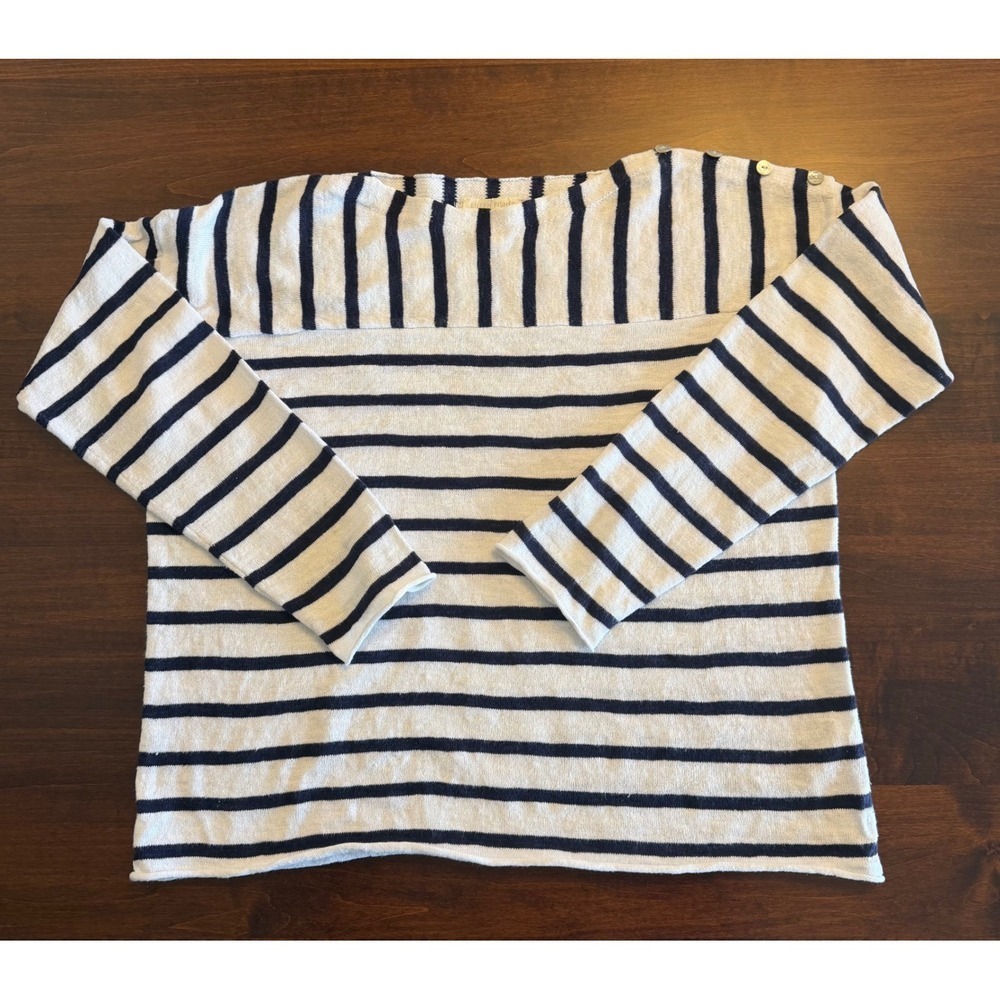 Eileen Fisher Organic Linen Cotton Striped Boat Neck Sweater Navy White Small